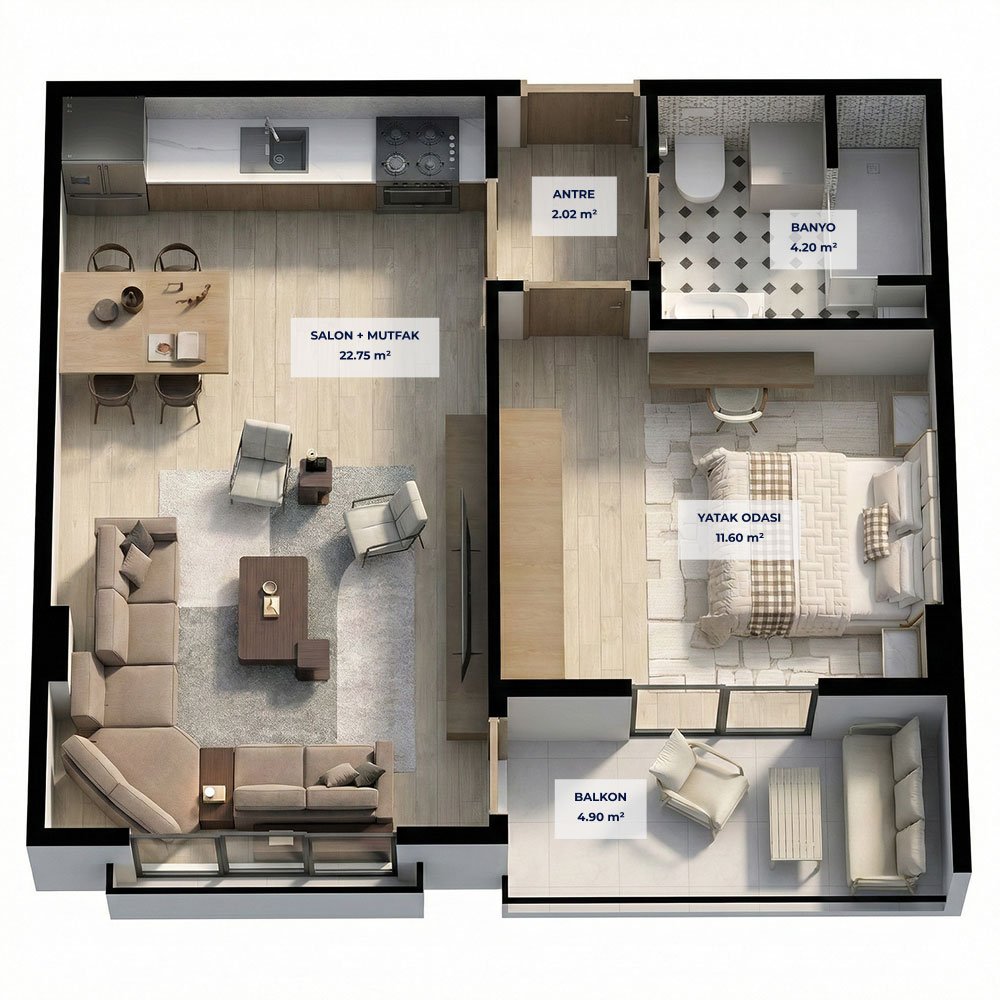 A Blok 1+1 Tip 1 Kat Planı