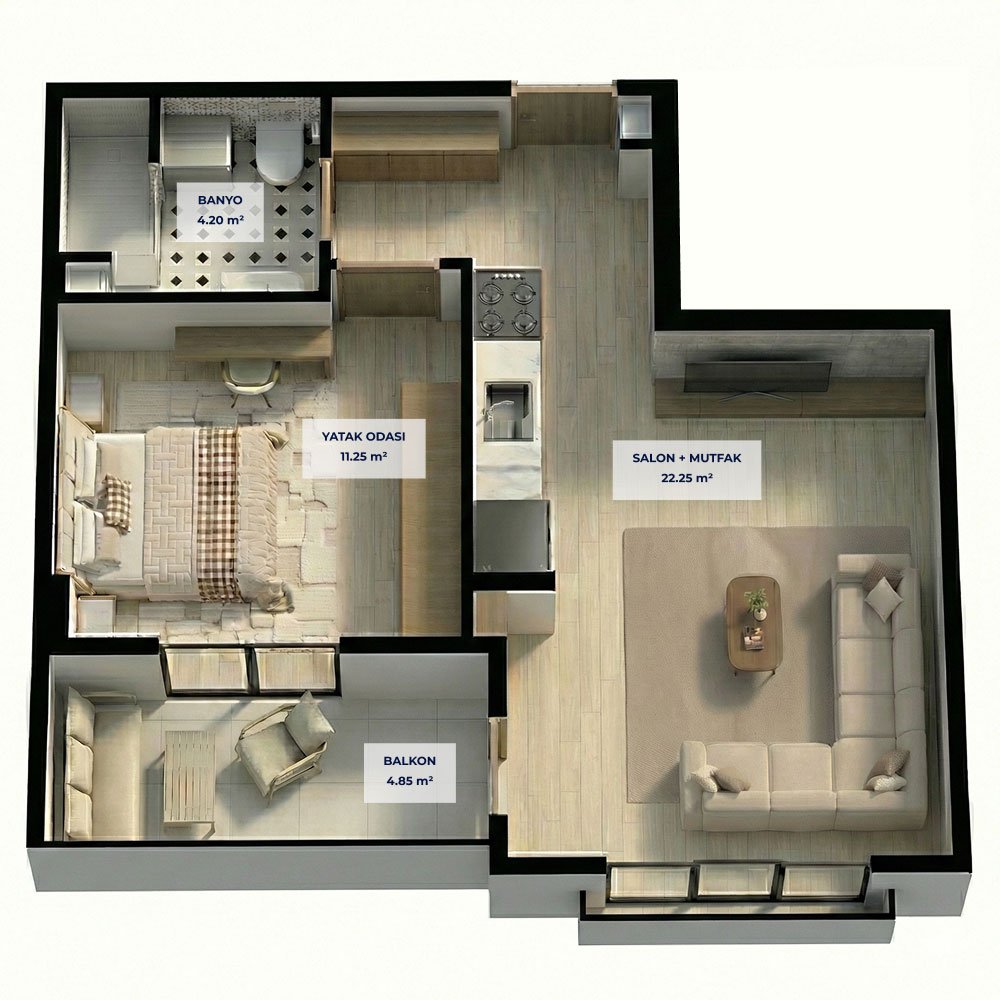 A Blok 1+1 Tip 2 Kat Planı