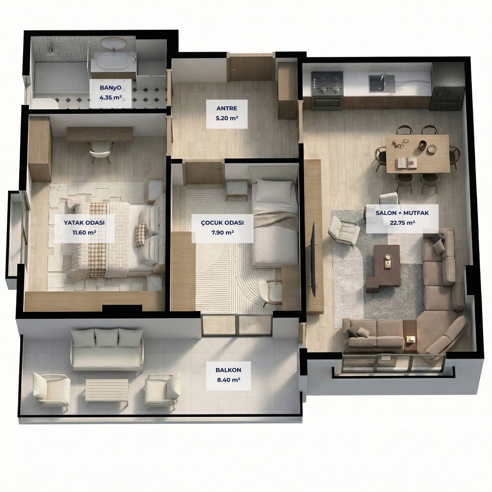 A Blok 2+1 Tip 1 Kat Planı