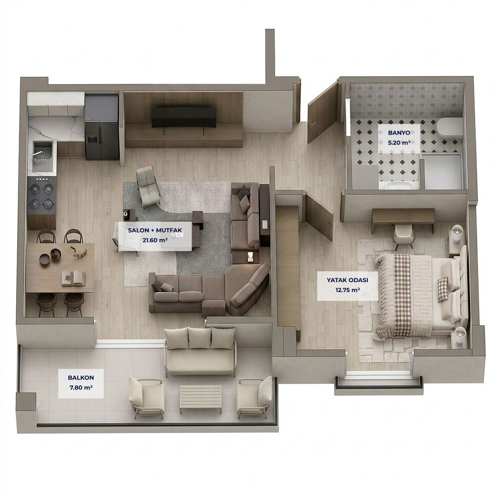 B Blok 1+1 Tip 1 Kat Planı