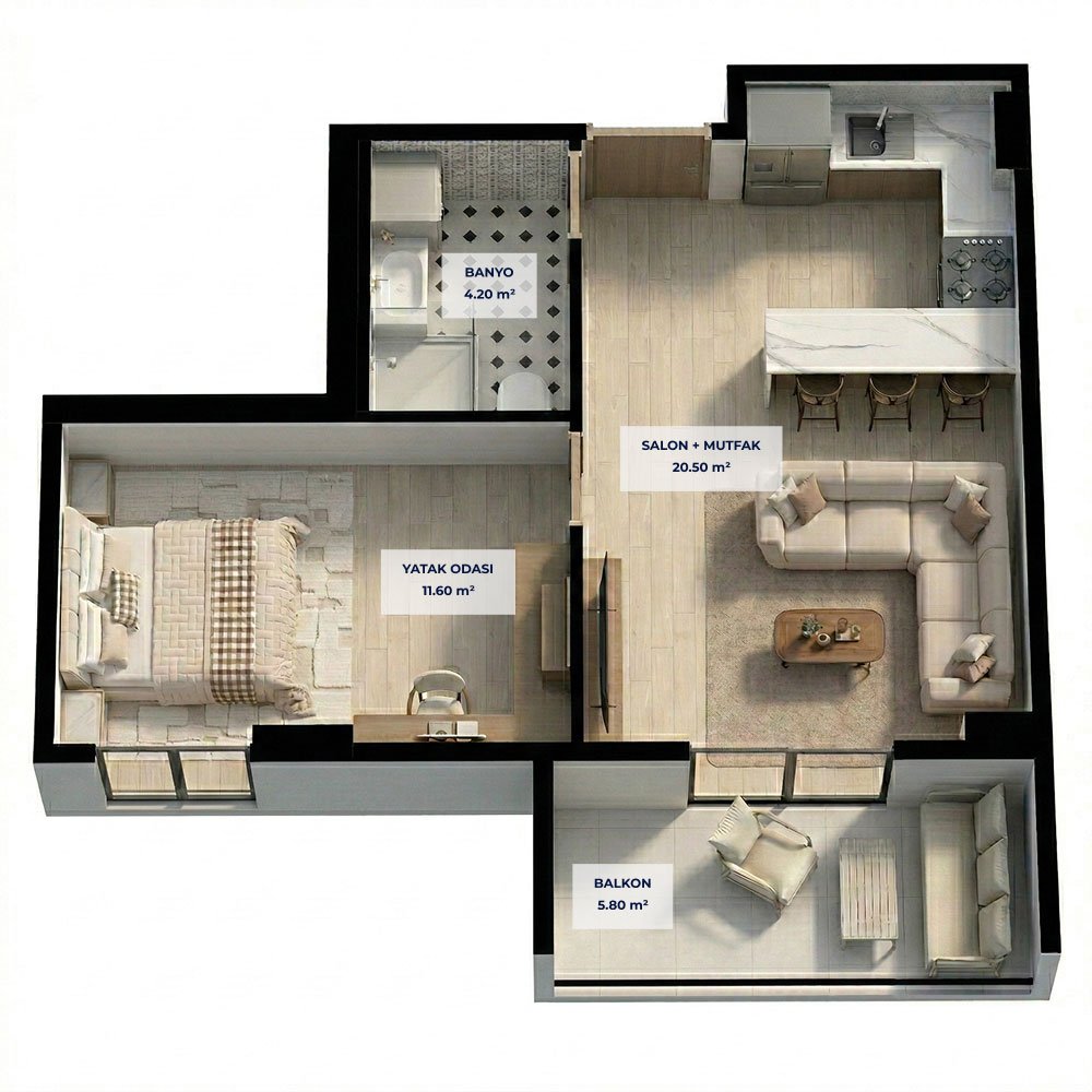 B Blok 1+1 Tip 2 Kat Planı